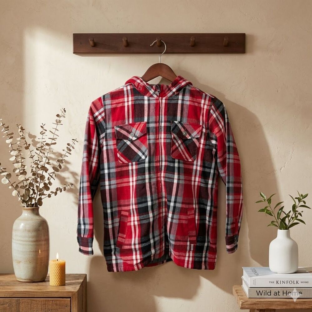 Levis Youth XL 20 Plaid Flannel Shacket Hoodie Full Zip Lined Jacket